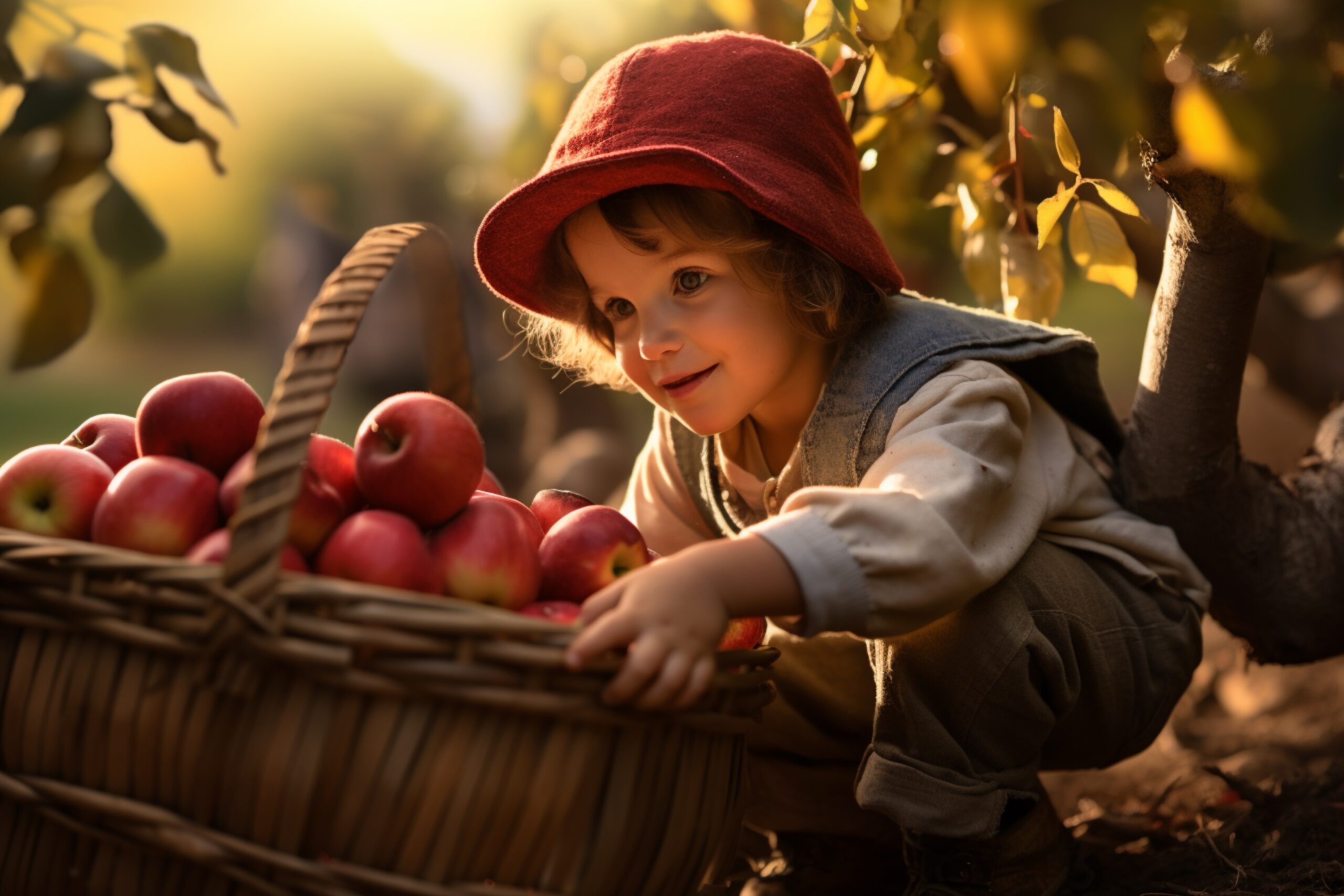 A girl collecting apples in a basket beautiful harvest seasons fall