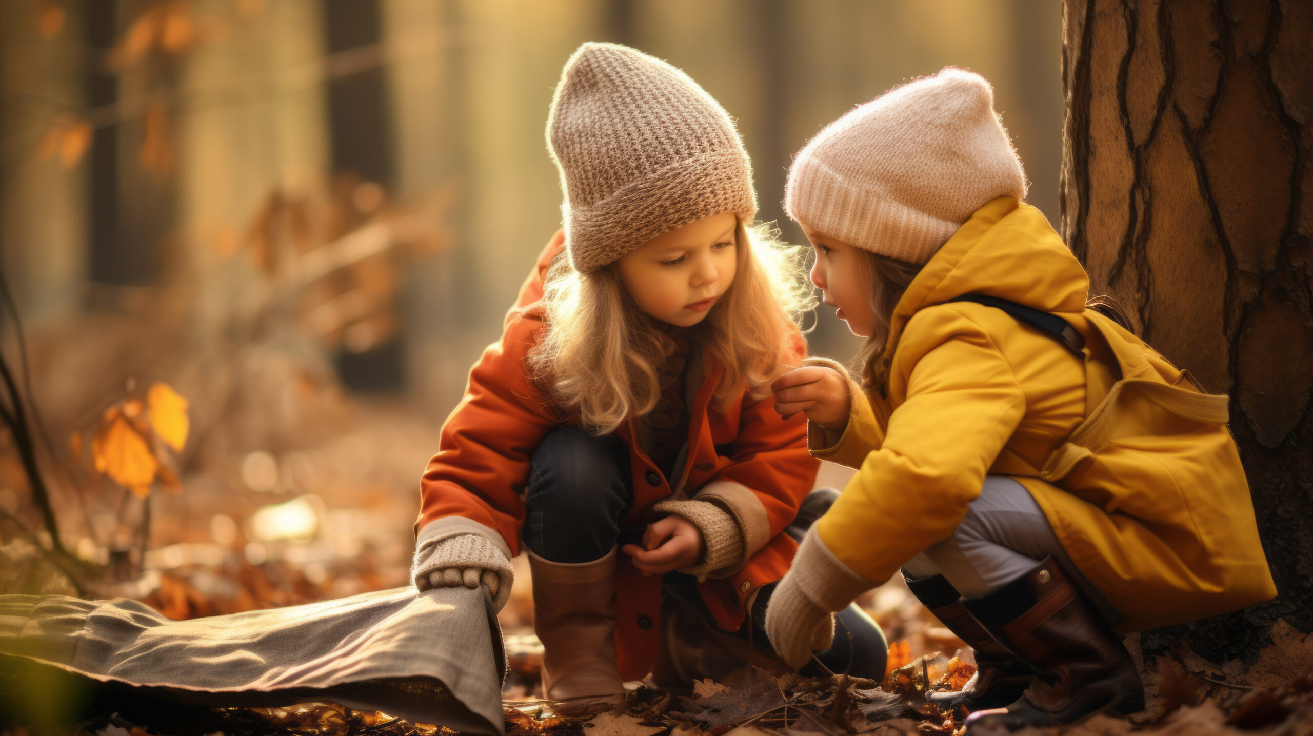 Two little kids in warm hats are examining leaves and autumn forest.