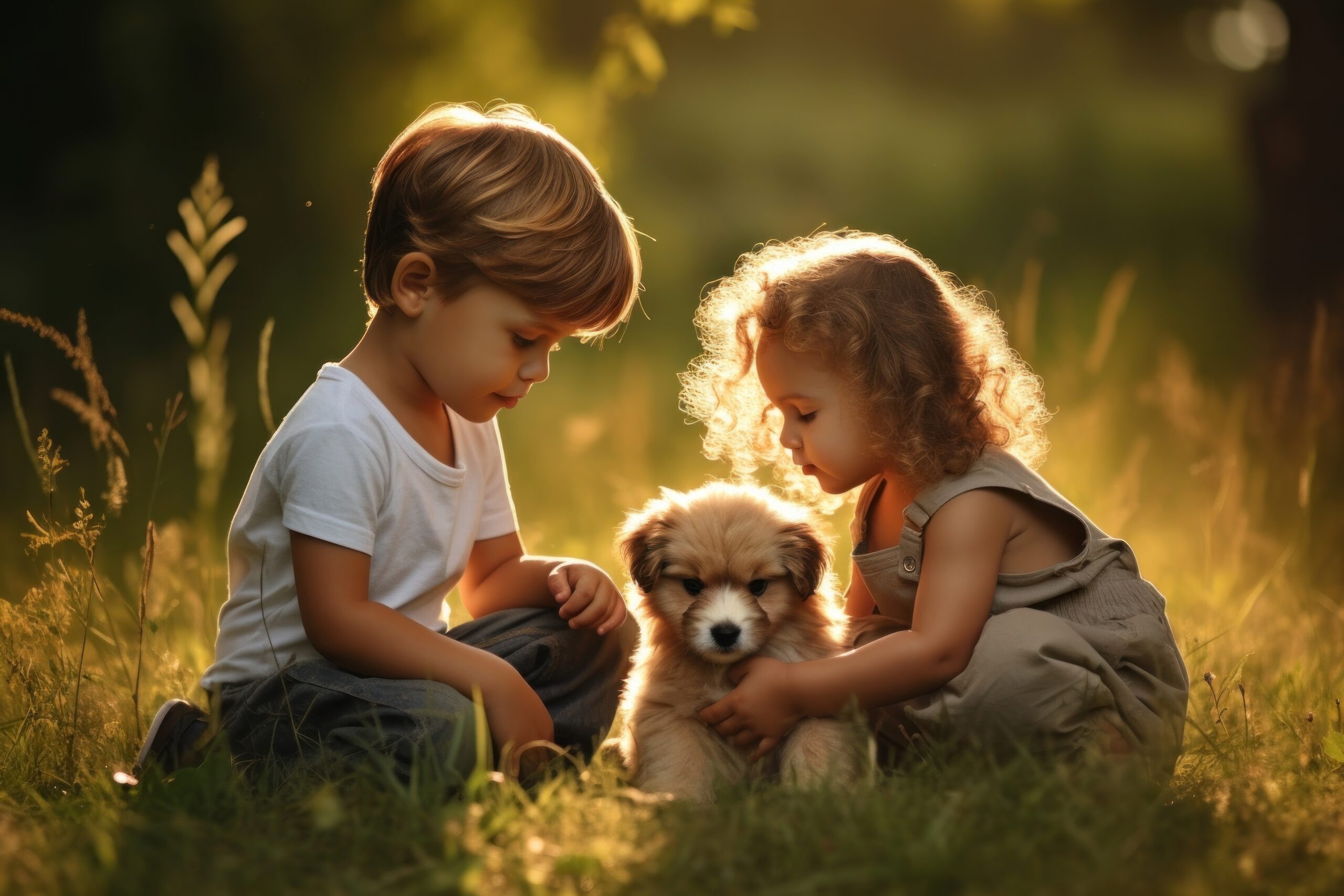 Kids playing with puppy portrait mammal animal.