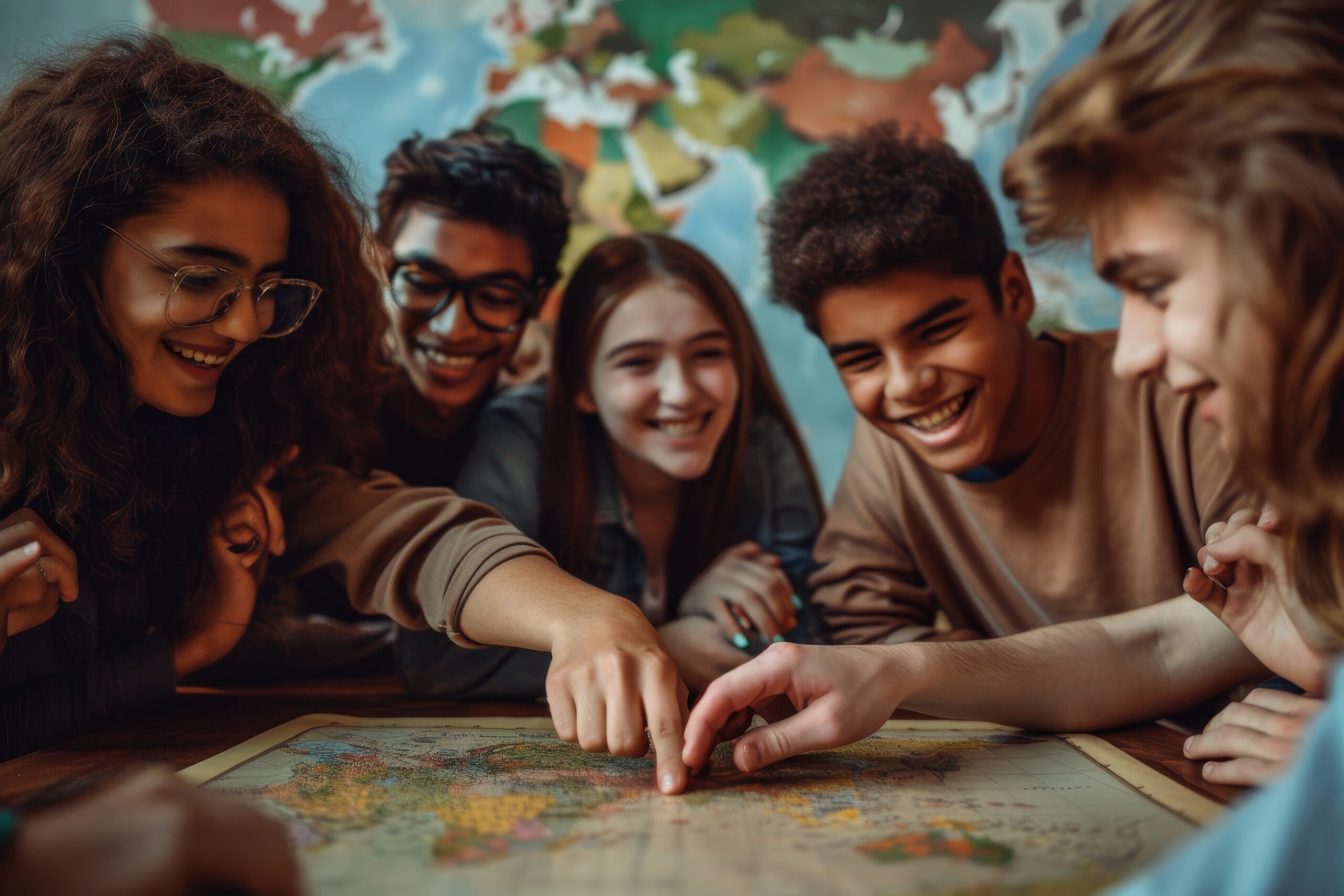 Diverse Group of Smiling Teens Studying a World Map Together, Connecting with peers from around the world for cultural exchange and project collaboration