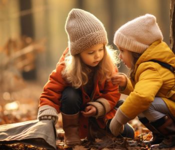 Two little kids in warm hats are examining leaves and autumn forest.