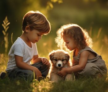 Kids playing with puppy portrait mammal animal.